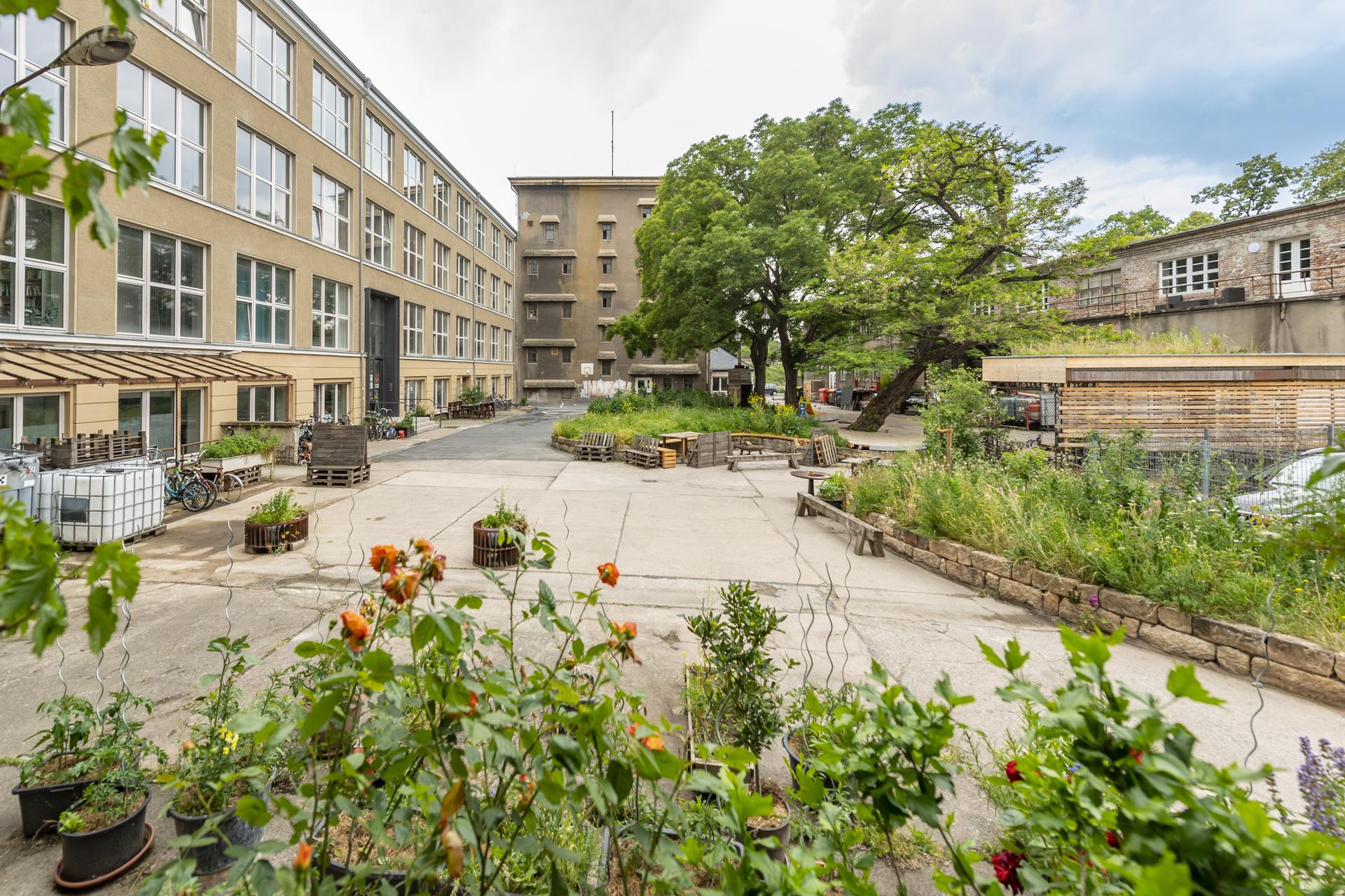 Innenhof eines großen Gebäudekomplexes mit Beeten und Begrünung