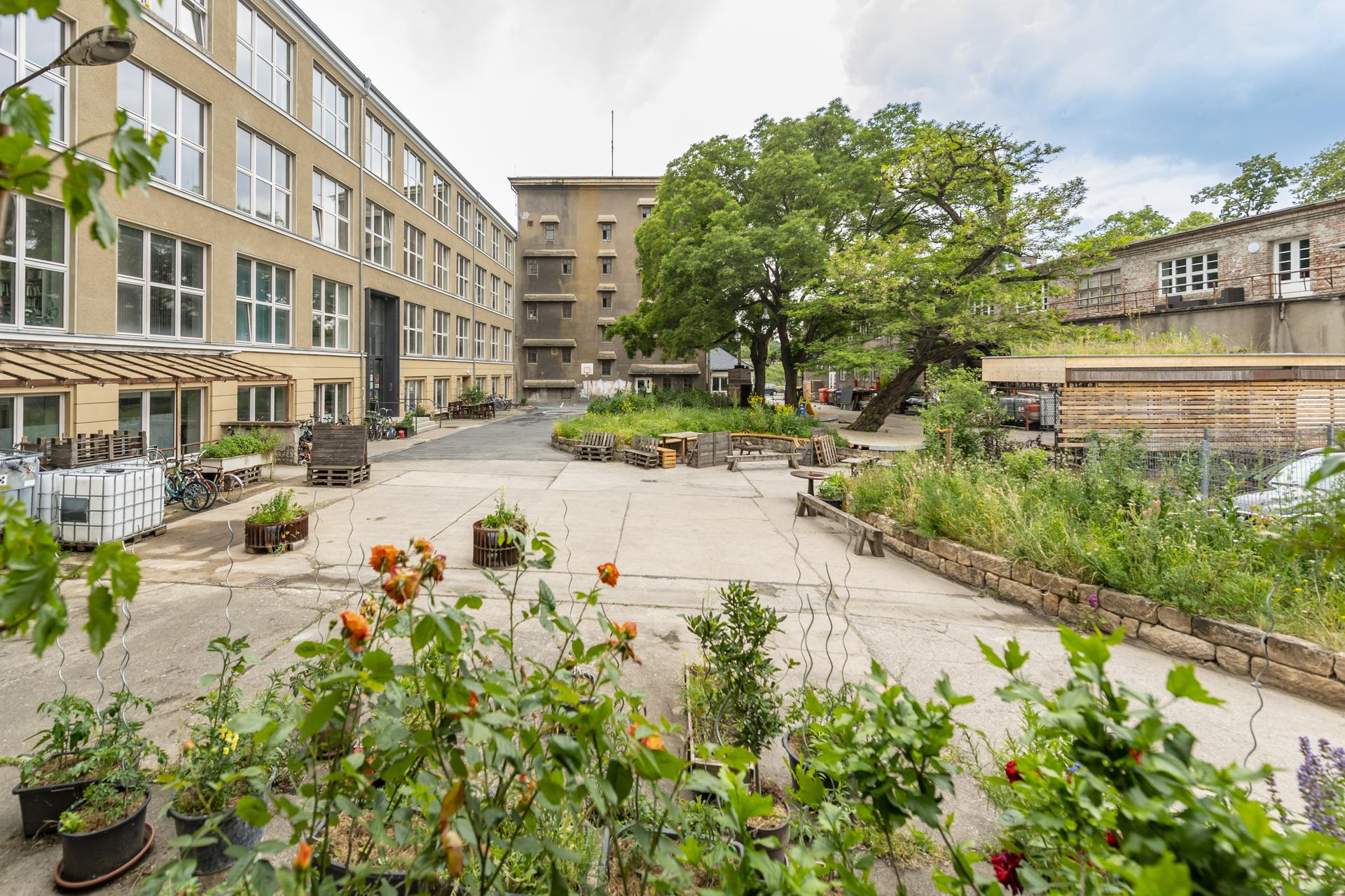 Innenhof eines großen Gebäudekomplexes mit Beeten und Begrünung