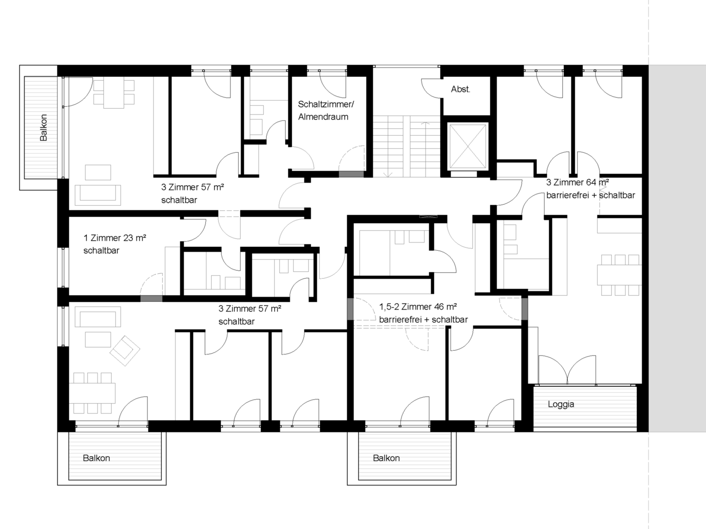 Beispiel für einen Grundriss mit kleinen, effektiven Wohnungen.